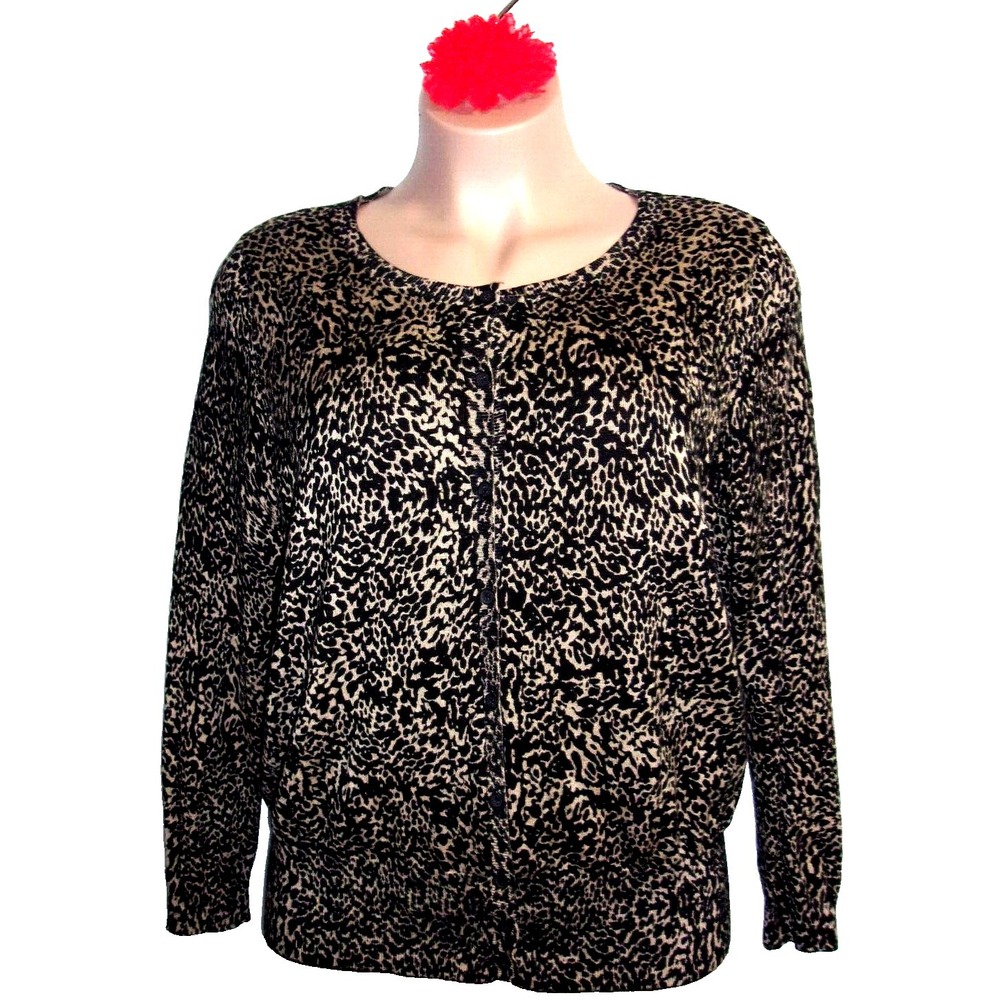 Lane Bryant Women Animal Print Cardigan Plus 18 20 Tan Black Preppy Sweater Knit